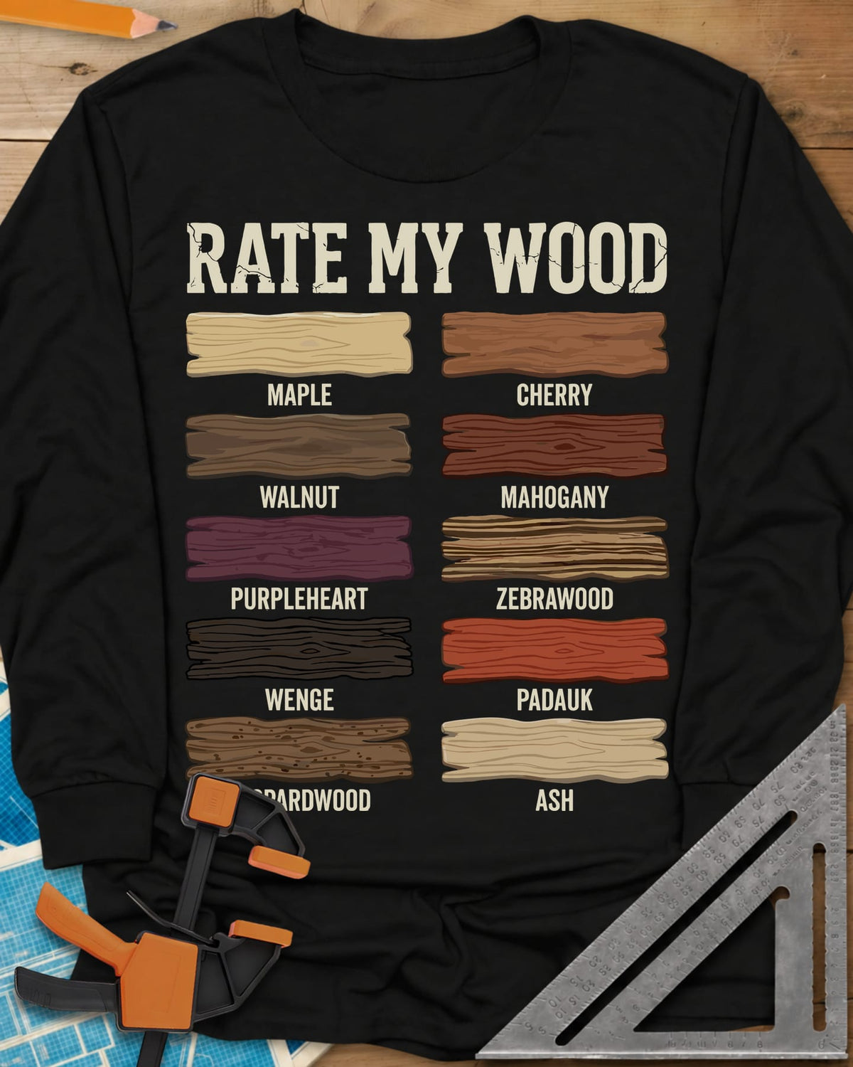 Rate My Wood long sleeve shirt in Black, ten wood grain swatches labeled maple, cherry, walnut and more