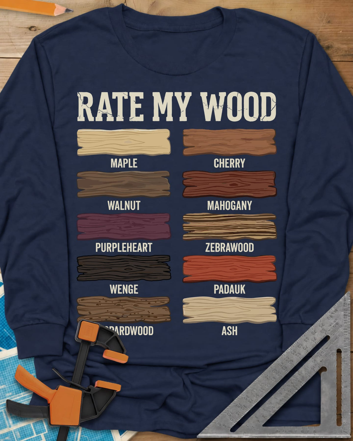 Rate My Wood long sleeve shirt in Navy, ten wood grain swatches labeled maple, cherry, walnut and more