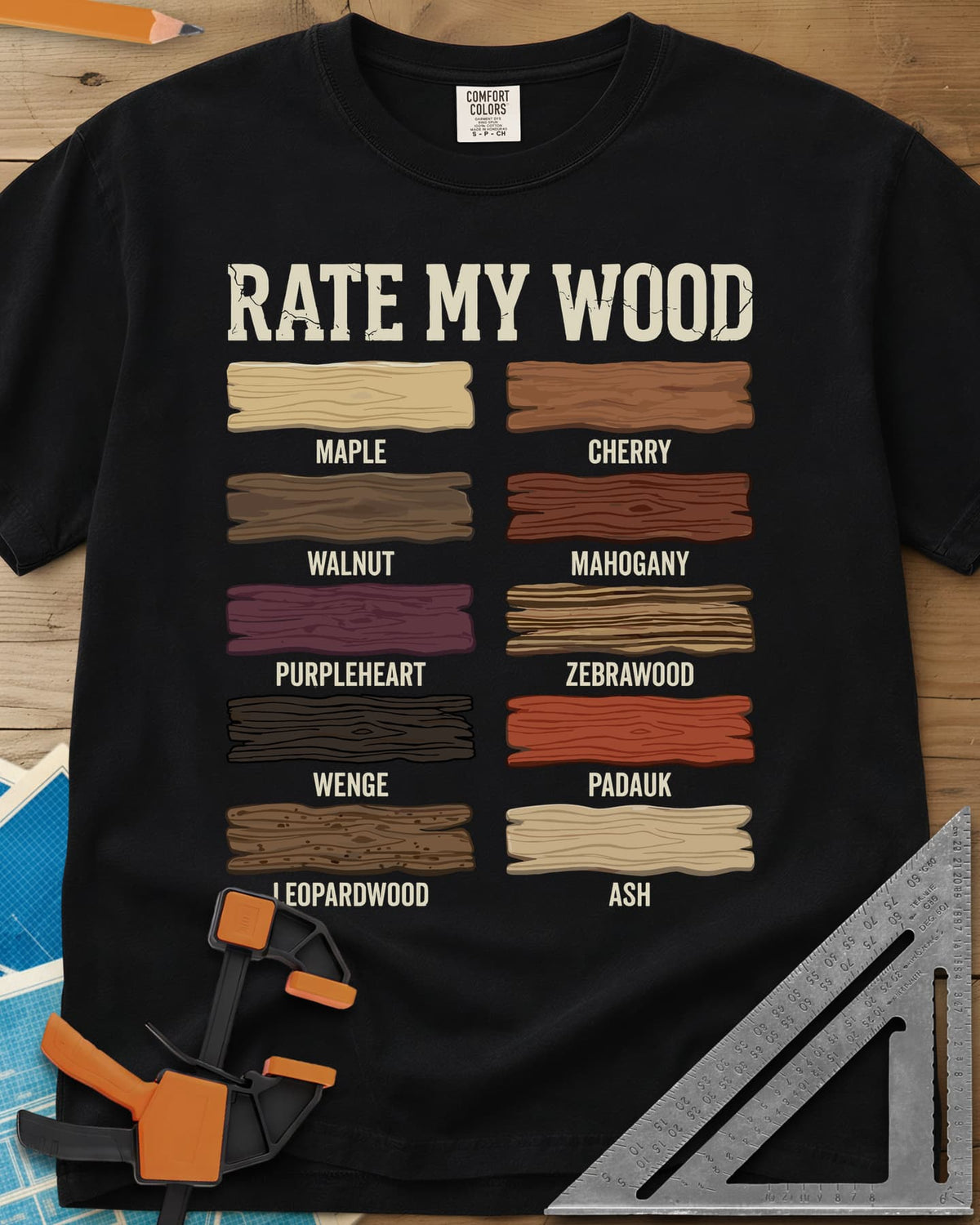 Rate My Wood heavyweight tee in Black, ten wood grain swatches labeled maple, cherry, walnut and more
