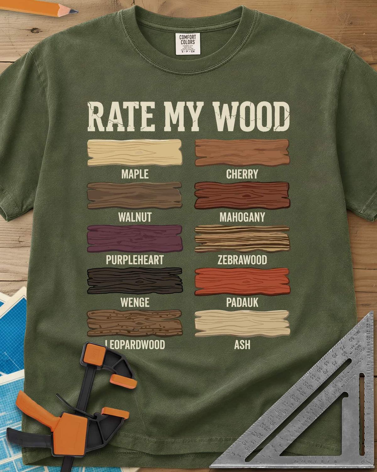 Rate My Wood heavyweight tee in Hemp, ten wood grain swatches labeled maple, cherry, walnut and more