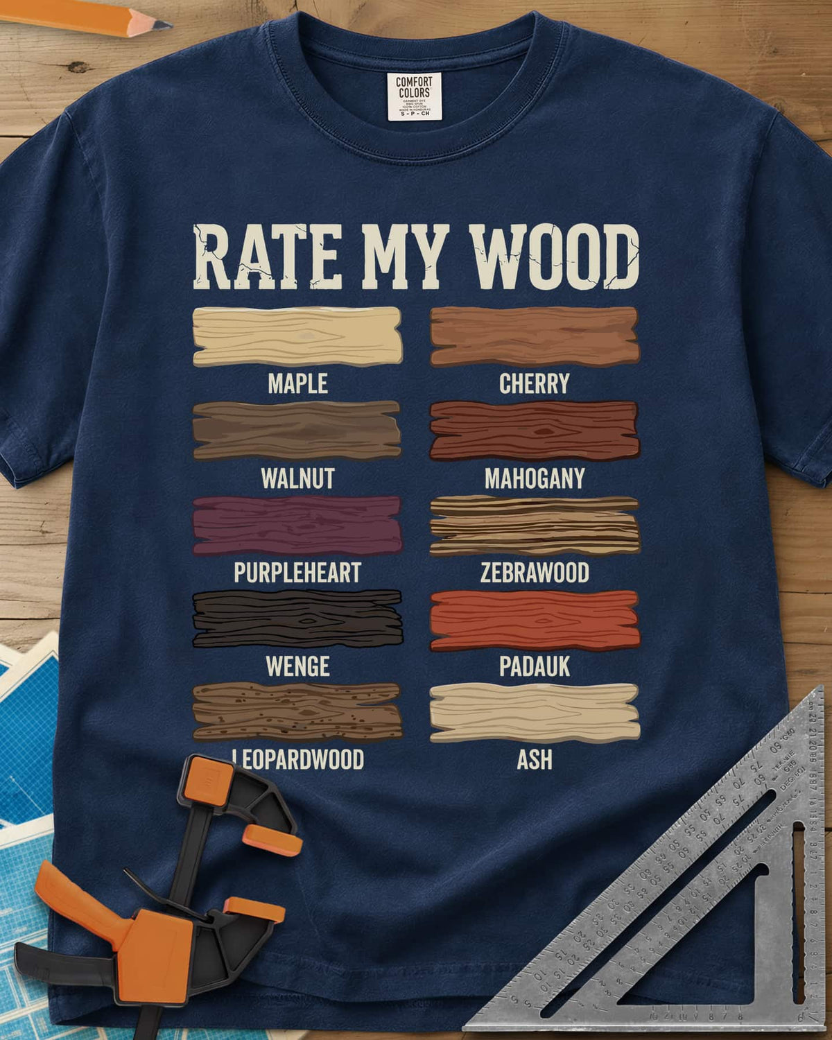 Rate My Wood heavyweight tee in Navy, ten wood grain swatches labeled maple, cherry, walnut and more