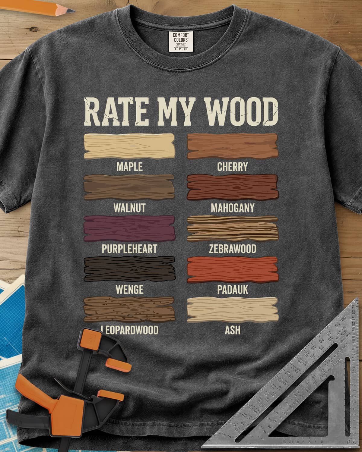 Rate My Wood heavyweight tee in Pepper, ten wood grain swatches labeled maple, cherry, walnut and more