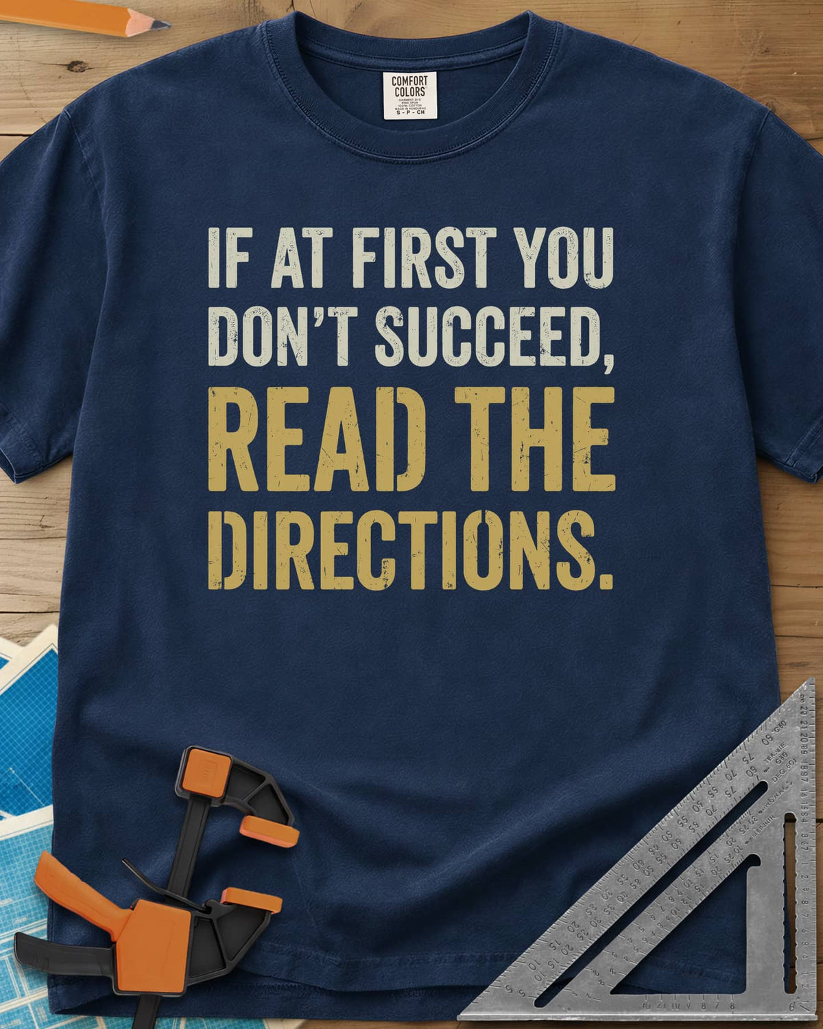 Read The Directions heavyweight tee in Navy, distressed block lettering with READ THE DIRECTIONS in gold