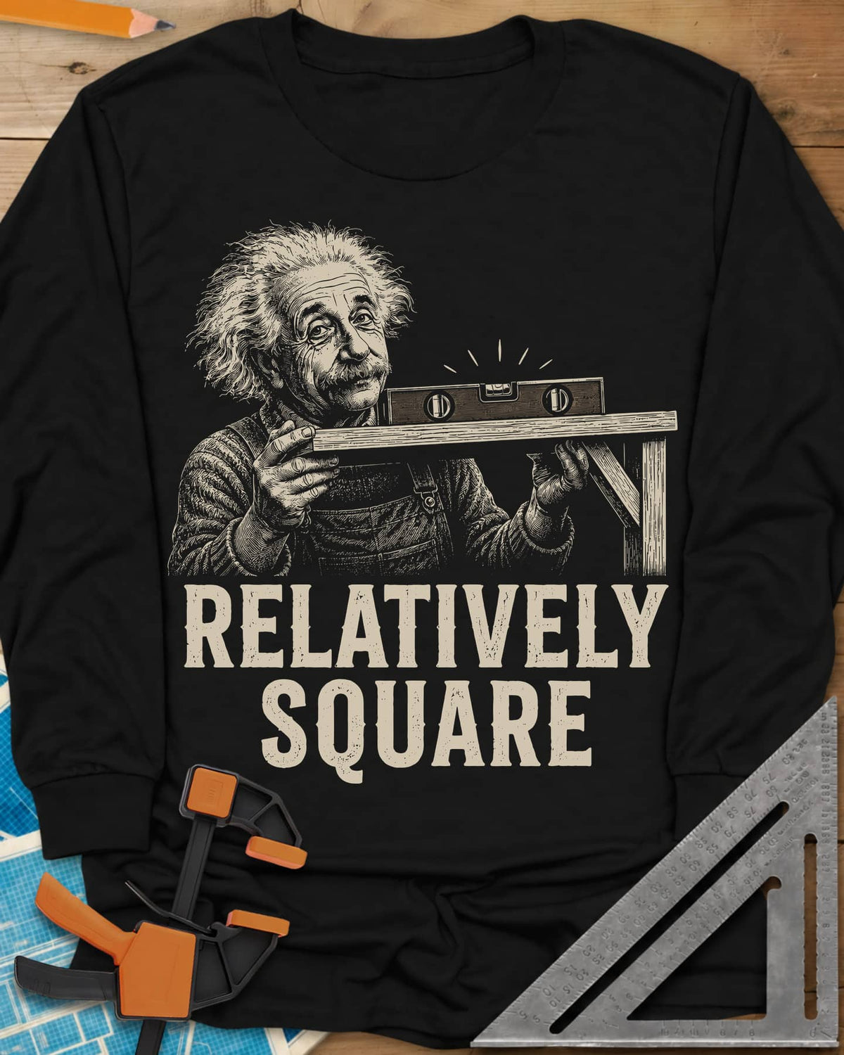 Relatively Square long sleeve shirt in Black, wild-haired old man holding a shelf board with a level on top