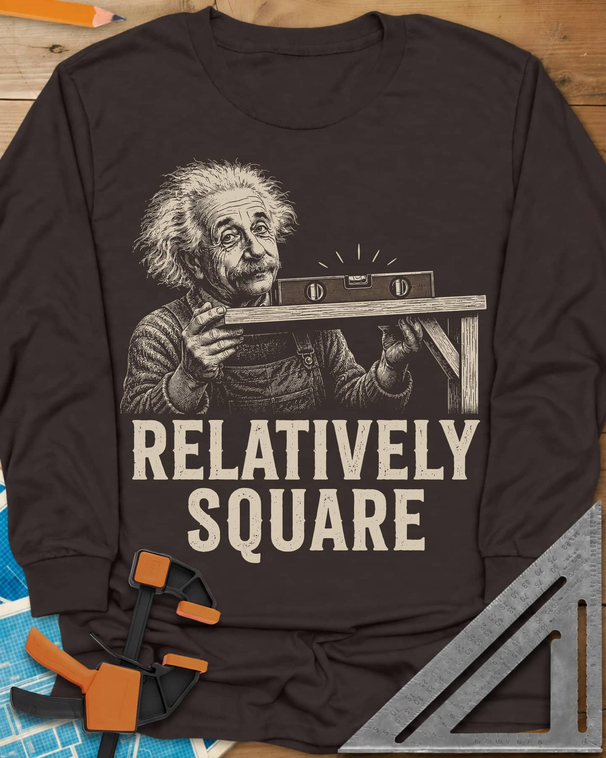 Relatively Square long sleeve shirt in Dark Chocolate, wild-haired old man holding a shelf board with a level on top