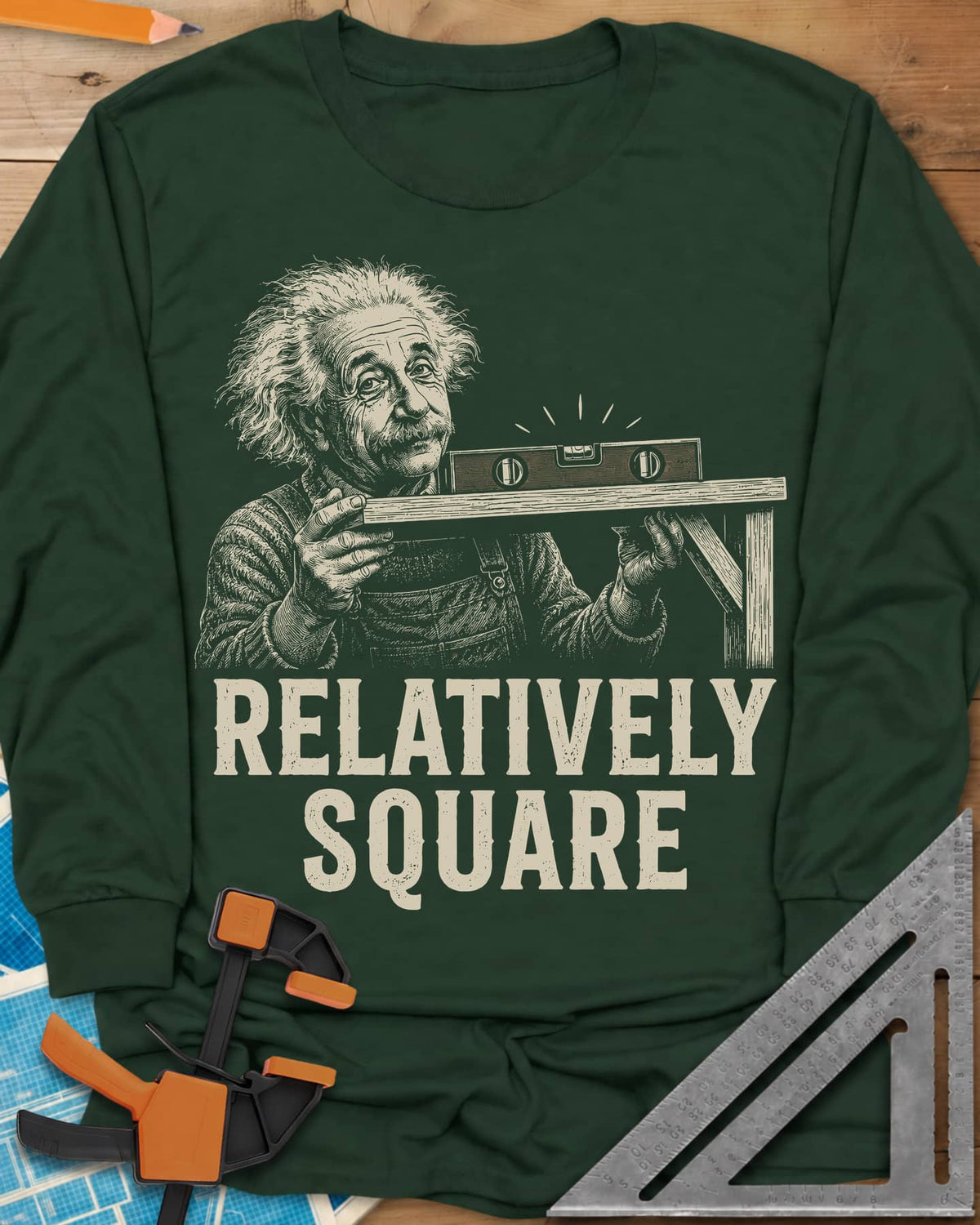 Relatively Square long sleeve shirt in Forest Green, wild-haired old man holding a shelf board with a level on top