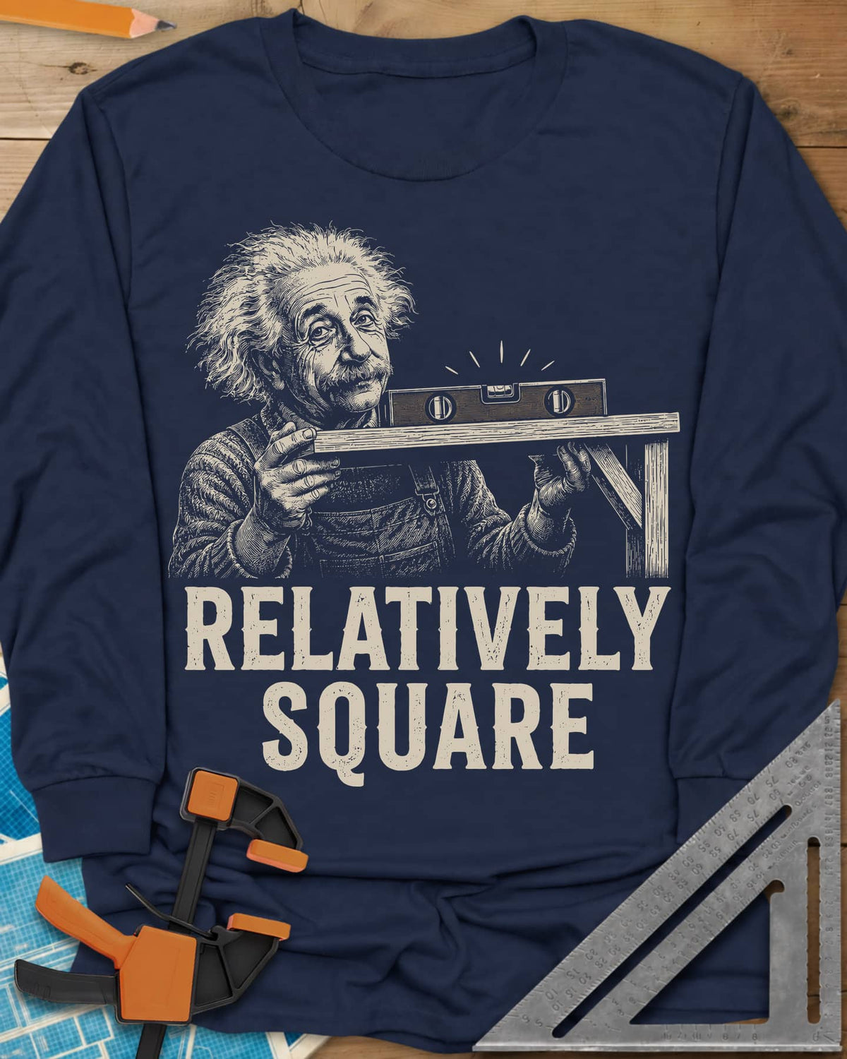 Relatively Square long sleeve shirt in Navy, wild-haired old man holding a shelf board with a level on top