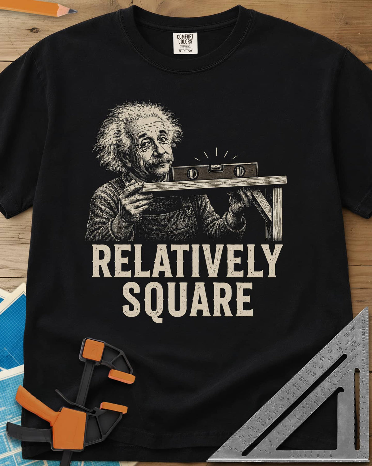 Relatively Square heavyweight tee in Black, wild-haired old man holding a shelf board with a level on top