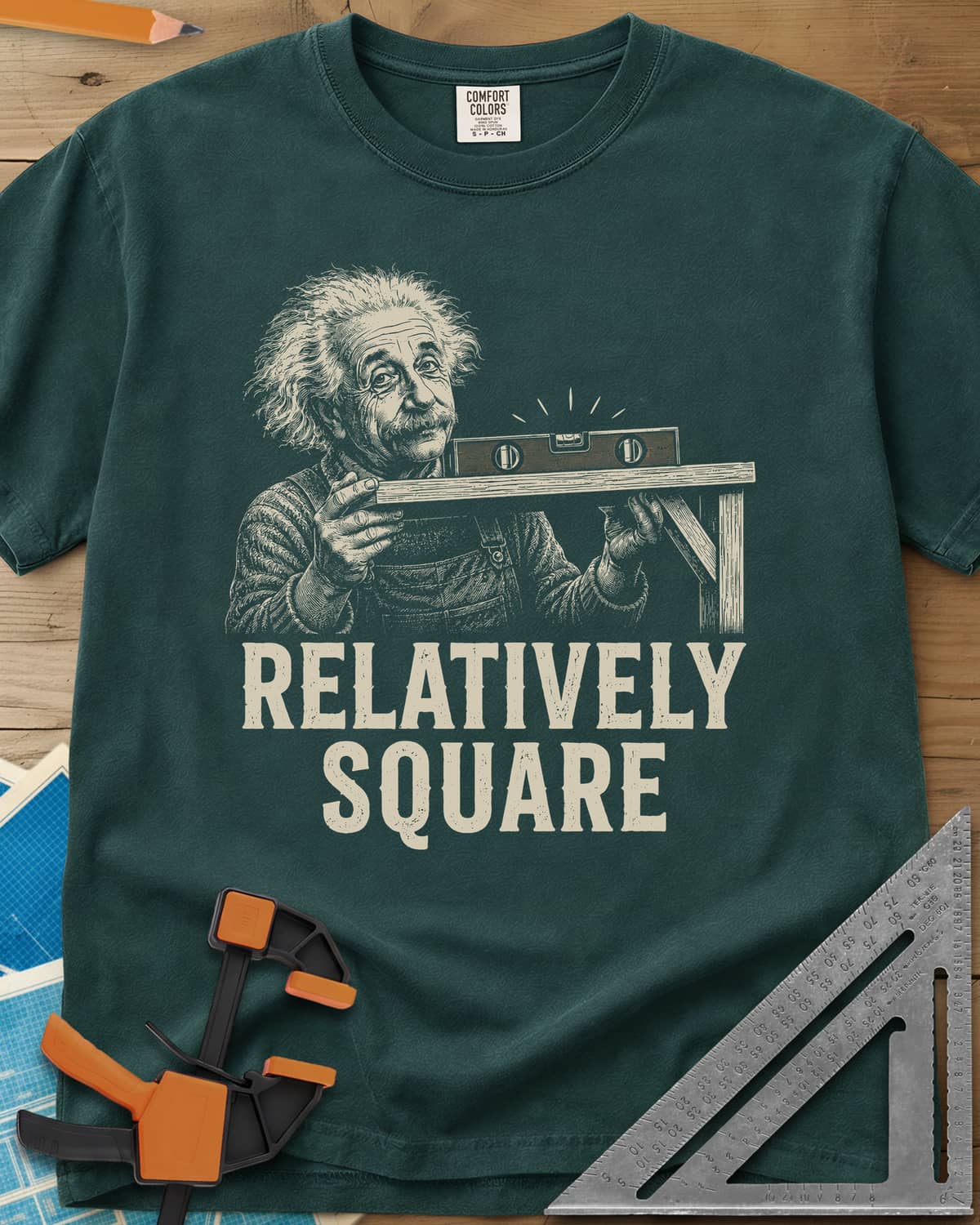 Relatively Square heavyweight tee in Blue Spruce, wild-haired old man holding a shelf board with a level on top
