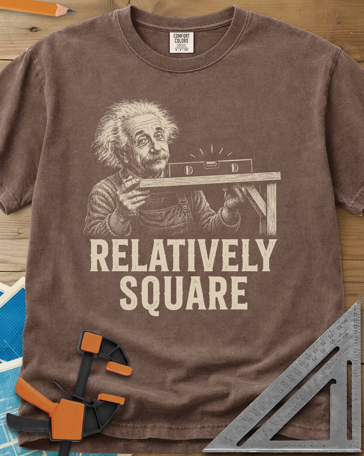 Relatively Square heavyweight tee in Espresso, wild-haired old man holding a shelf board with a level on top