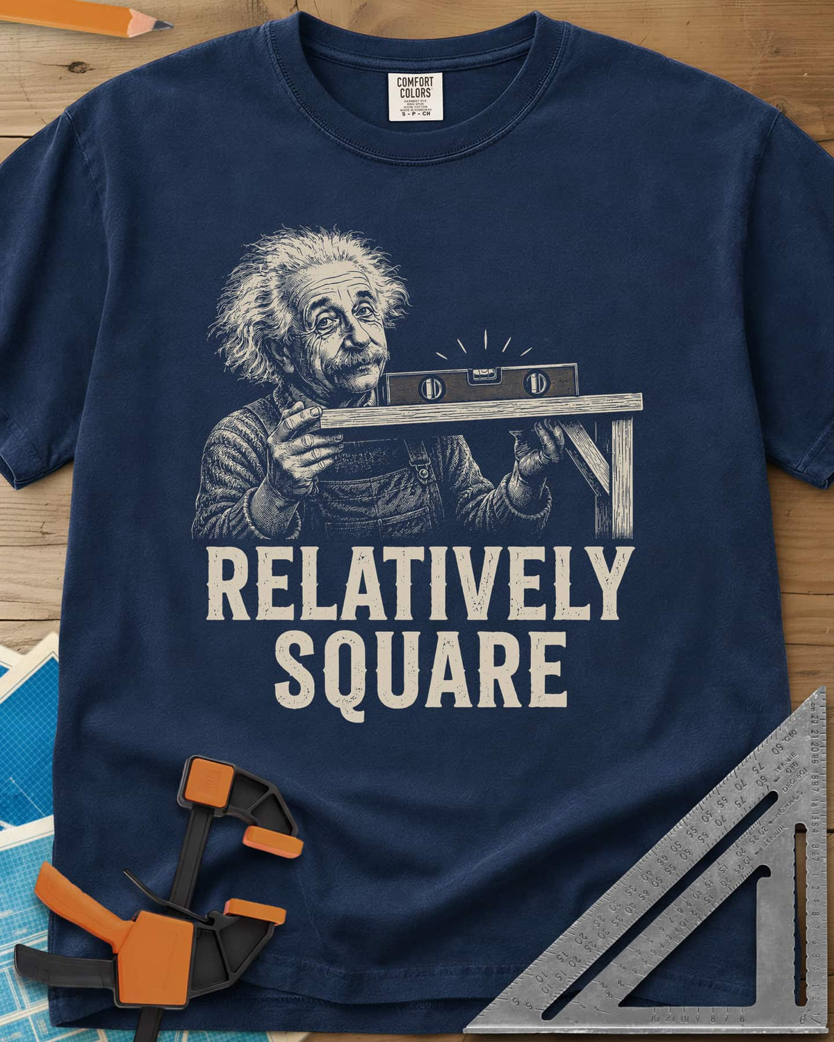 Relatively Square heavyweight tee in Navy, wild-haired old man holding a shelf board with a level on top