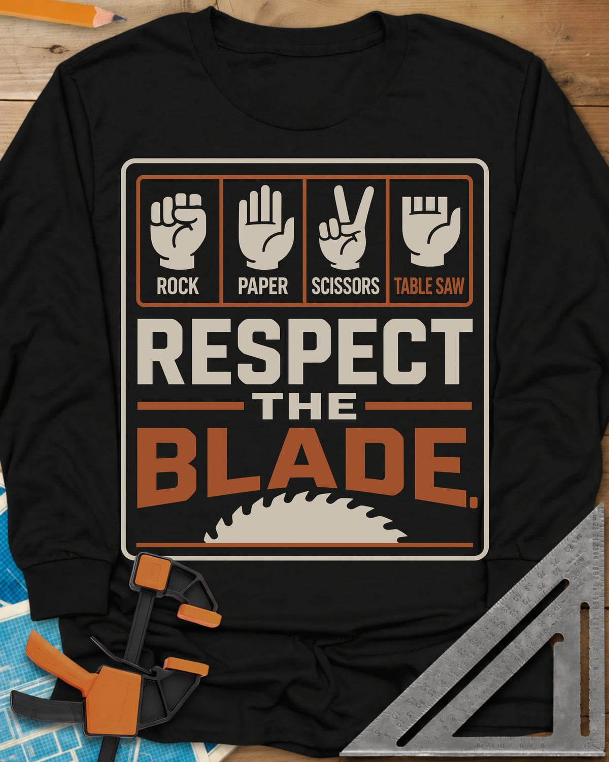 Respect The Blade long sleeve shirt in Black, four hand signs, the last with stubby fingers, over a saw blade