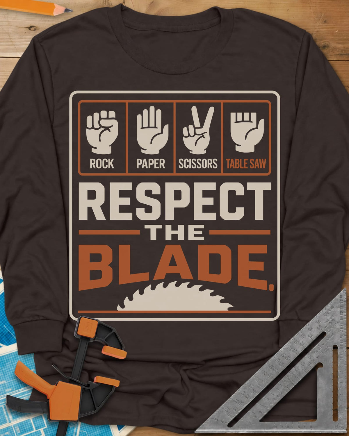 Respect The Blade long sleeve shirt in Dark Chocolate, four hand signs, the last with stubby fingers, over a saw blade