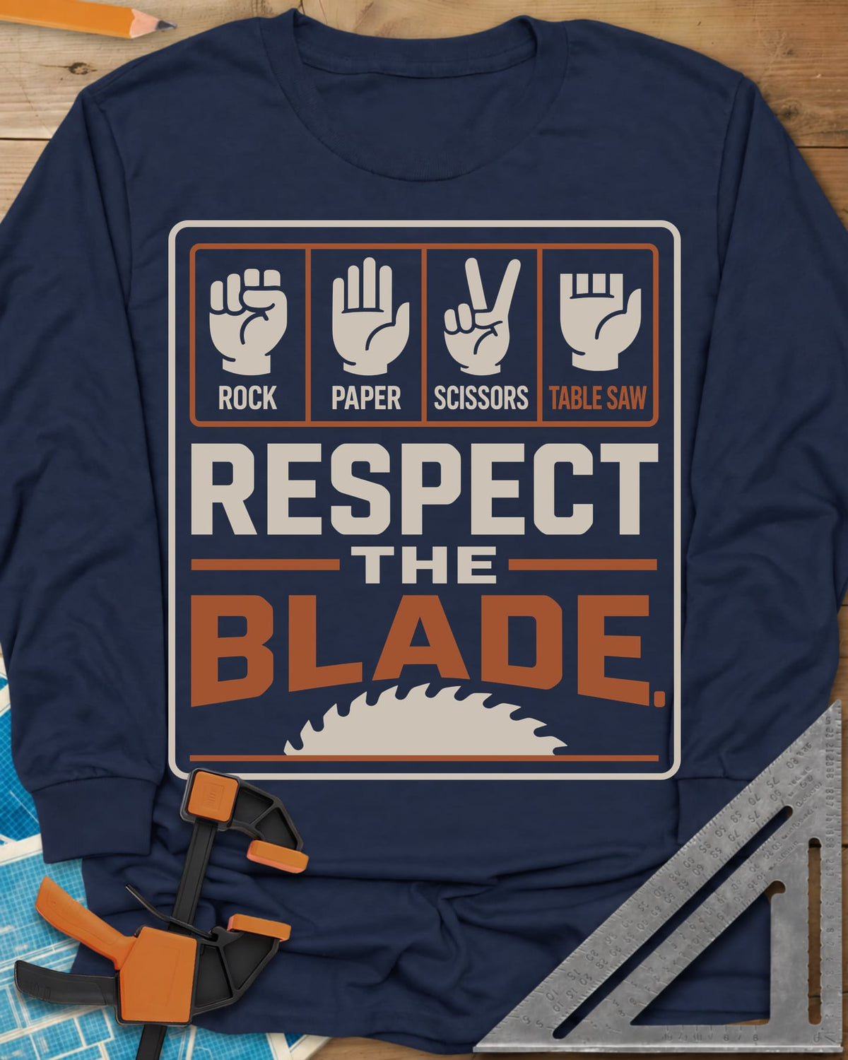 Respect The Blade long sleeve shirt in Navy, four hand signs, the last with stubby fingers, over a saw blade