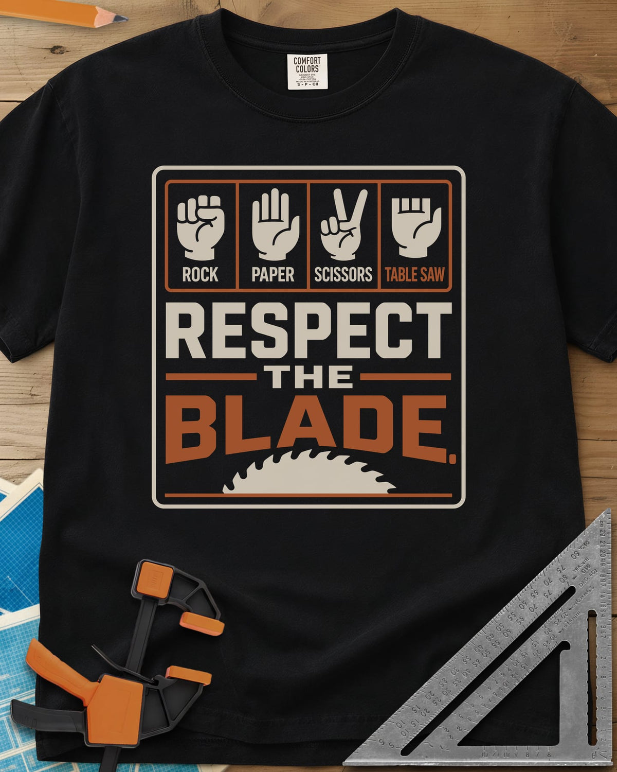 Respect The Blade heavyweight tee in Black, four hand signs, the last with stubby fingers, over a saw blade