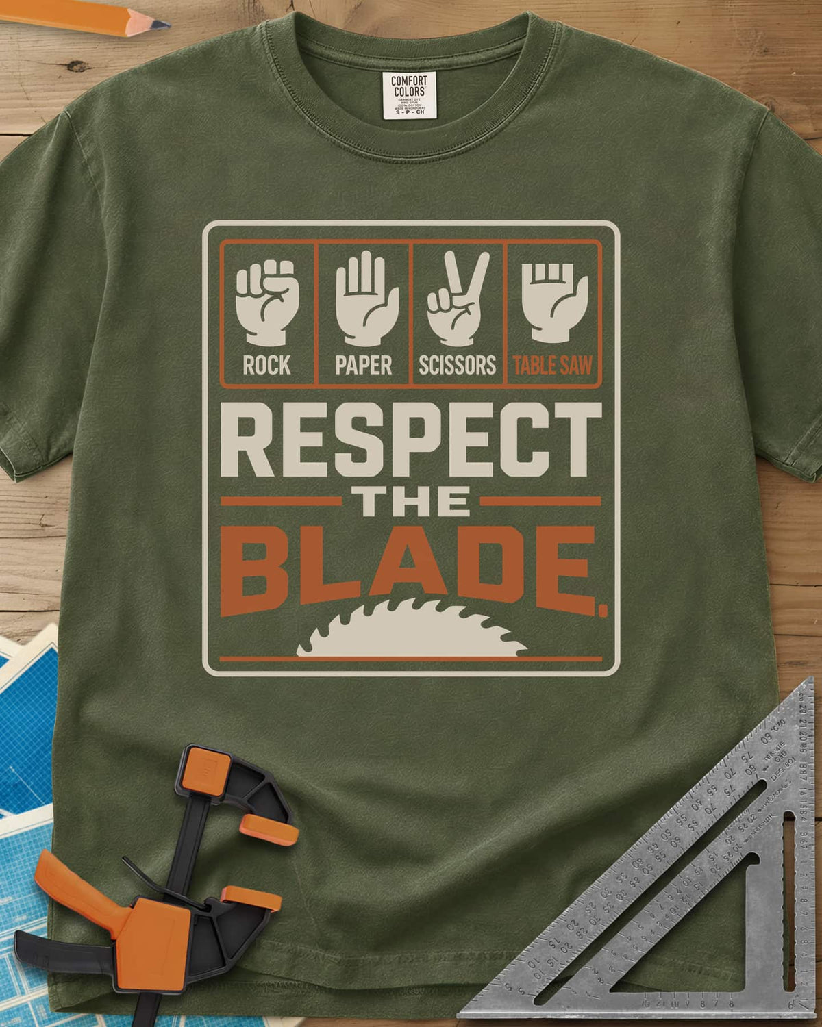 Respect The Blade heavyweight tee in Hemp, four hand signs, the last with stubby fingers, over a saw blade
