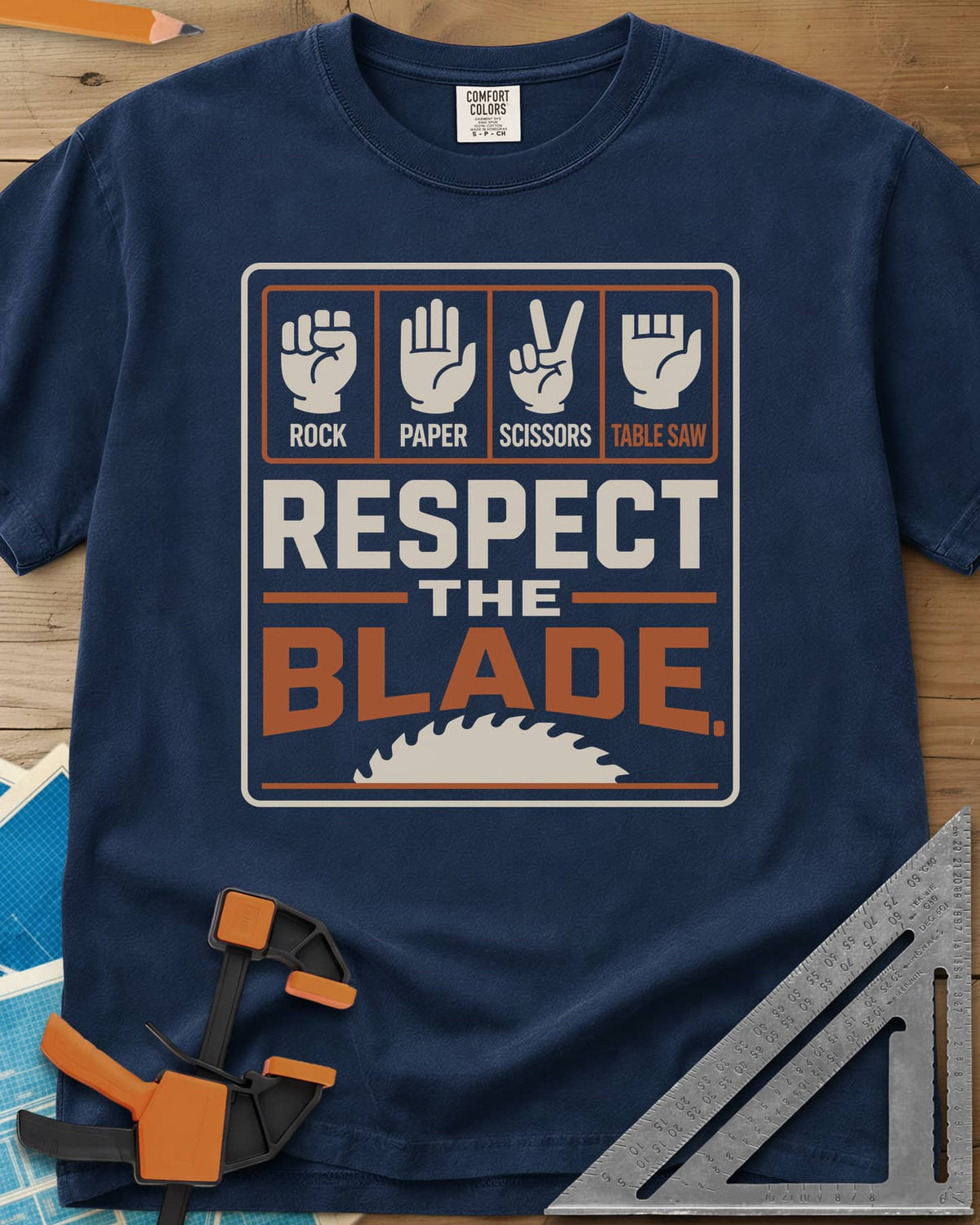 Respect The Blade heavyweight tee in Navy, four hand signs, the last with stubby fingers, over a saw blade
