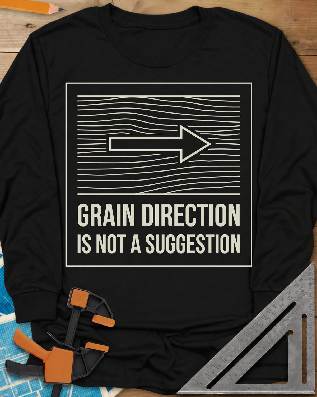 Respect The Grain long sleeve shirt in Black, boxed wood grain lines with an arrow showing grain direction