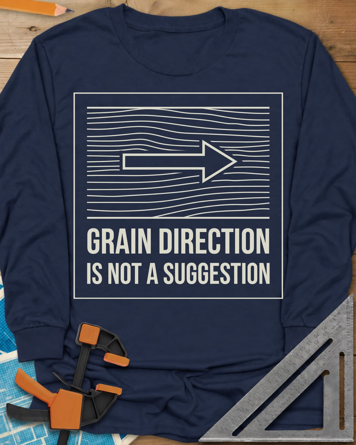 Respect The Grain long sleeve shirt in Navy, boxed wood grain lines with an arrow showing grain direction
