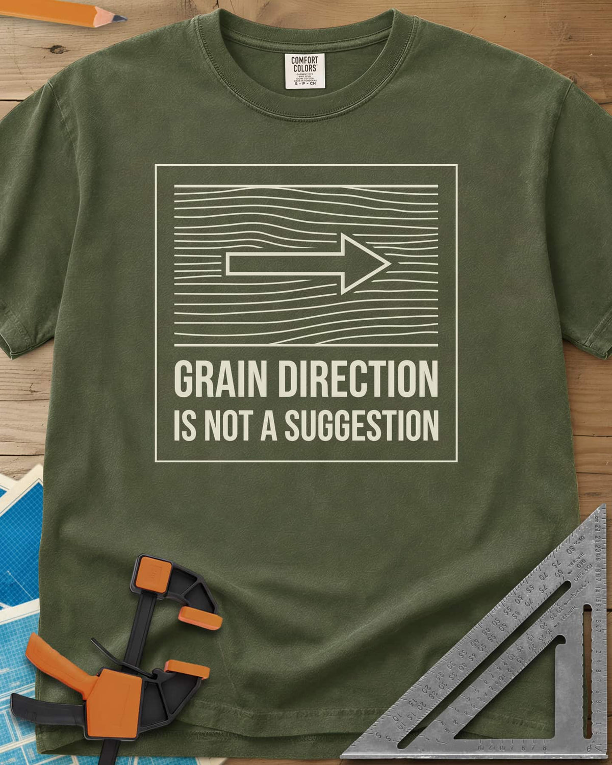 Respect The Grain heavyweight tee in Hemp, boxed wood grain lines with an arrow showing grain direction