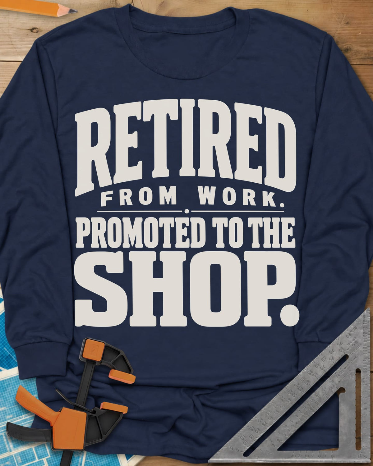 Retired Promoted long sleeve shirt in Navy, chunky stacked lettering, no graphic