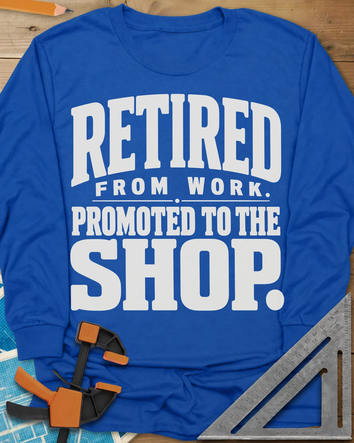Retired Promoted long sleeve shirt in Royal, chunky stacked lettering, no graphic