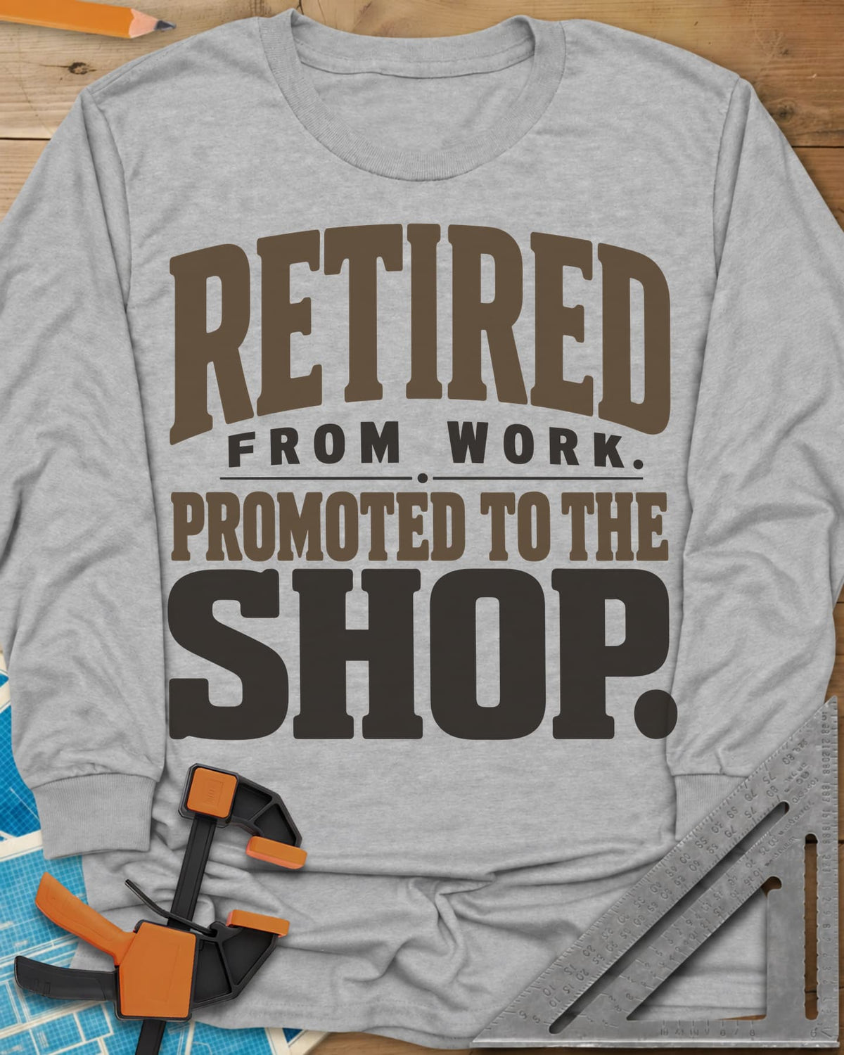 Retired Promoted long sleeve shirt in Sport Grey, chunky stacked lettering, no graphic