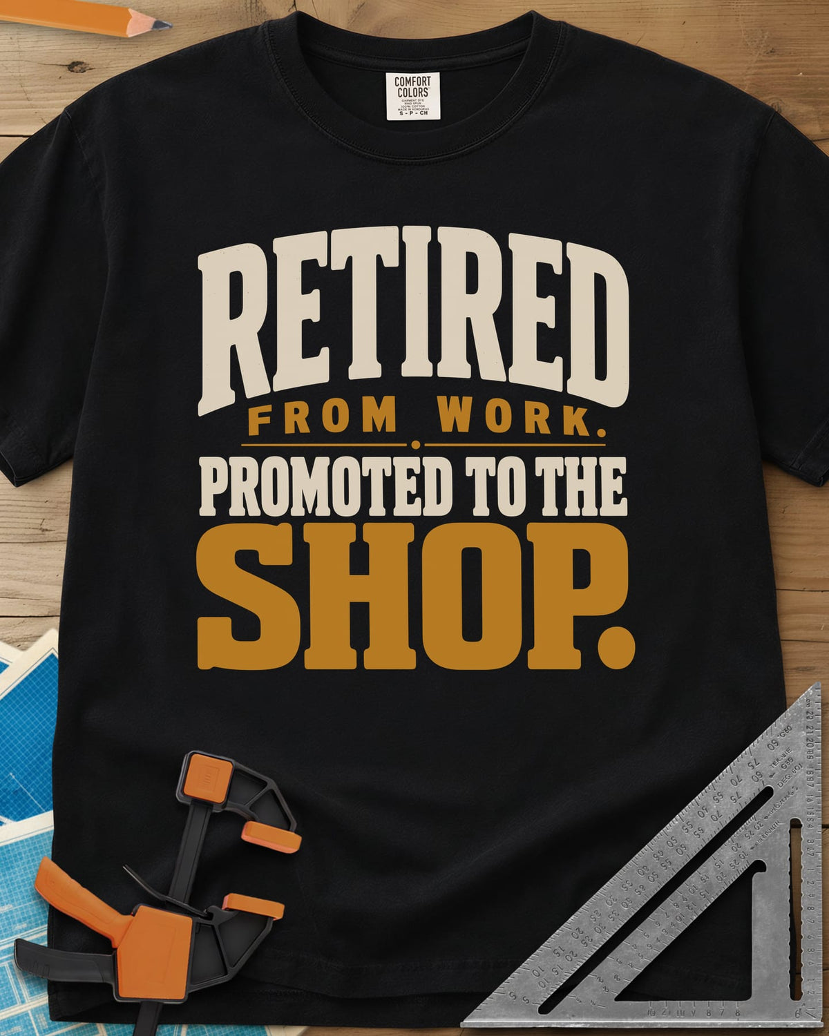 Retired Promoted heavyweight tee in Black, chunky stacked lettering, no graphic