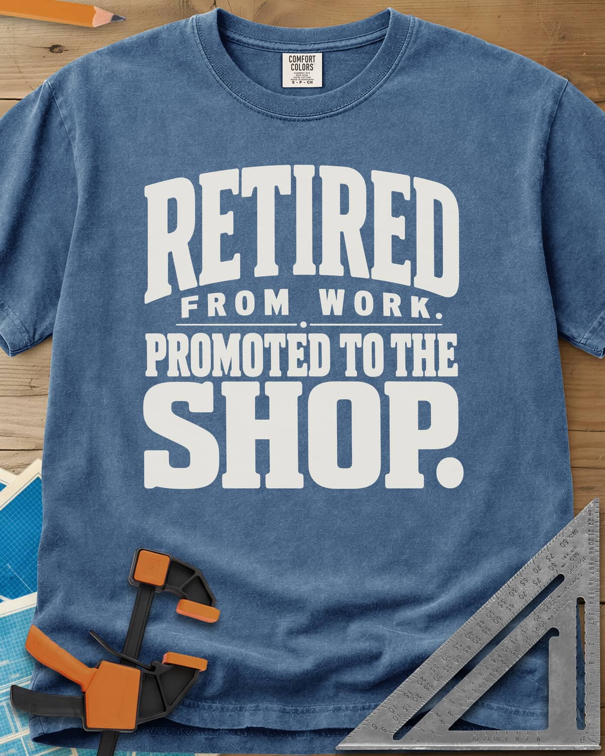 Retired Promoted heavyweight tee in Blue Jean, chunky stacked lettering, no graphic