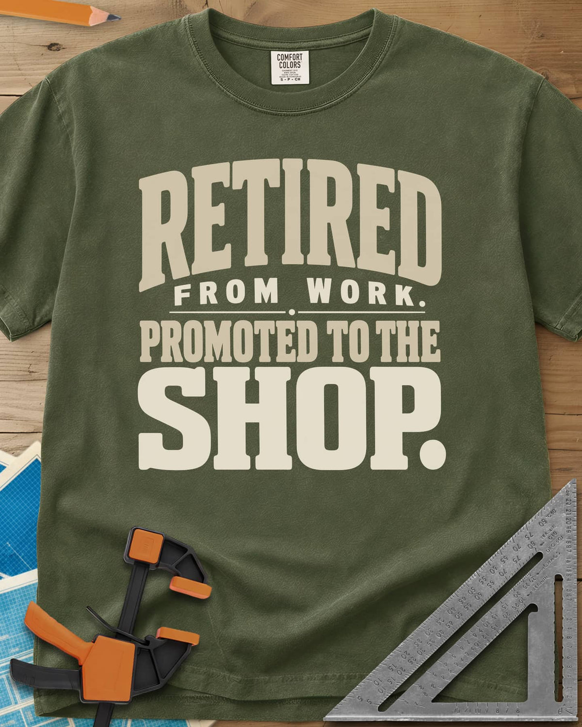 Retired Promoted heavyweight tee in Hemp, chunky stacked lettering, no graphic