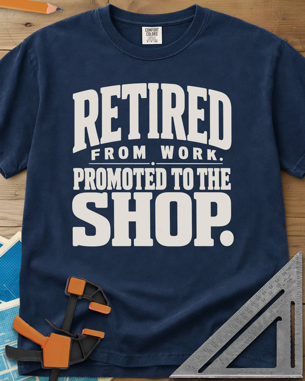 Retired Promoted heavyweight tee in Navy, chunky stacked lettering, no graphic