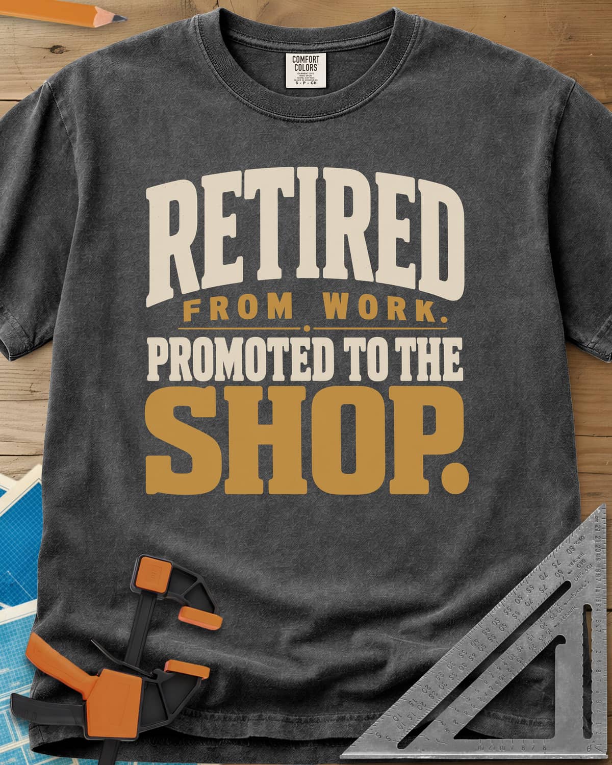Retired Promoted heavyweight tee in Pepper, chunky stacked lettering, no graphic