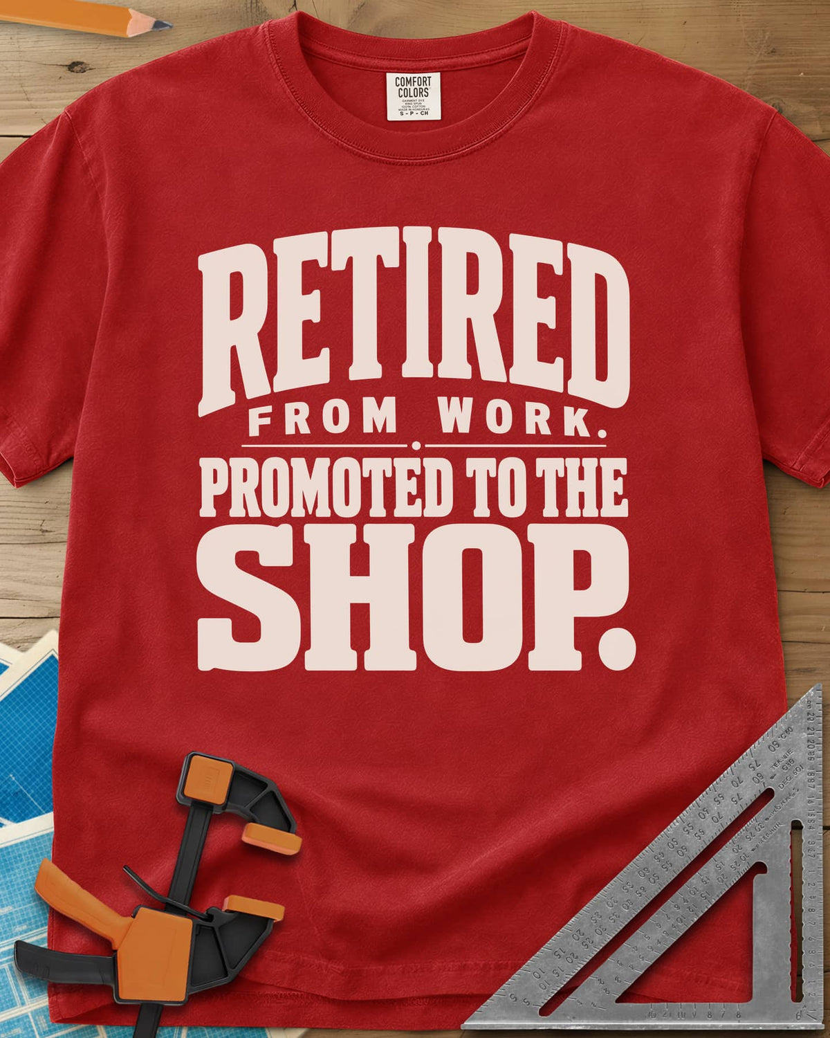 Retired Promoted heavyweight tee in Red, chunky stacked lettering, no graphic