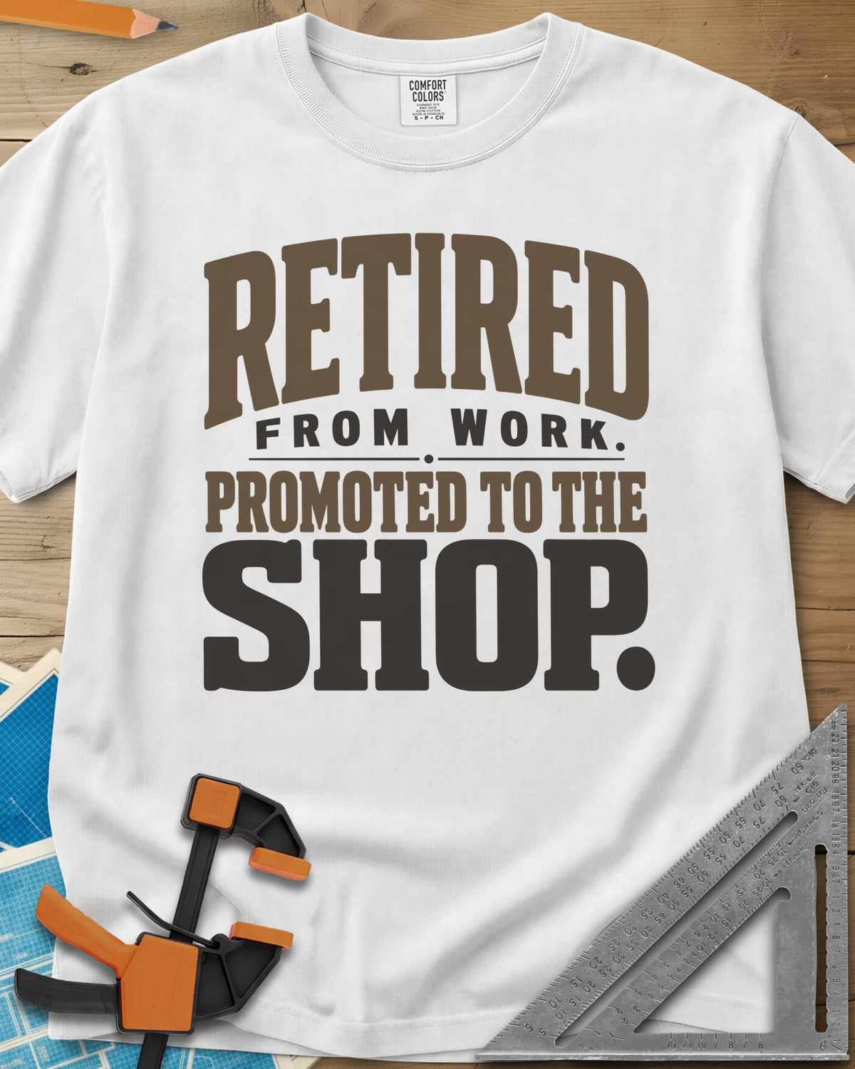 Retired Promoted heavyweight tee in White, chunky stacked lettering, no graphic