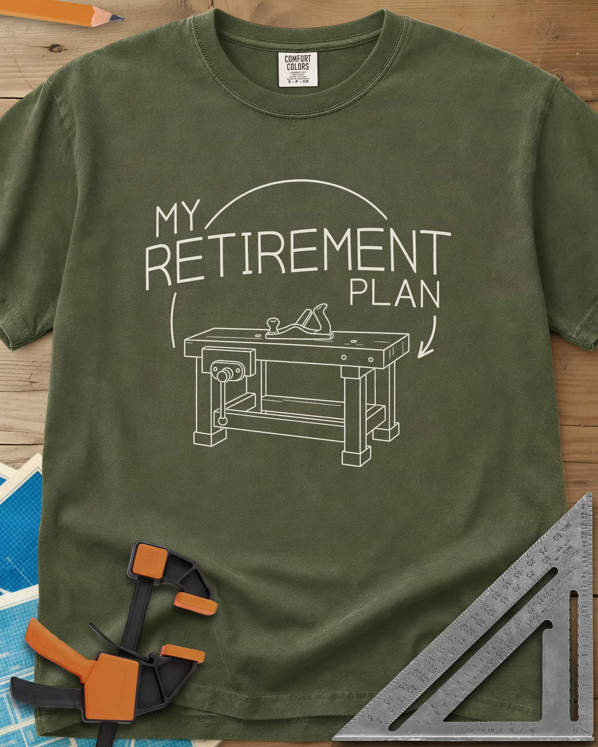 Retirement Plan heavyweight tee in Hemp, line drawing of a woodworking bench with a vise and hand plane
