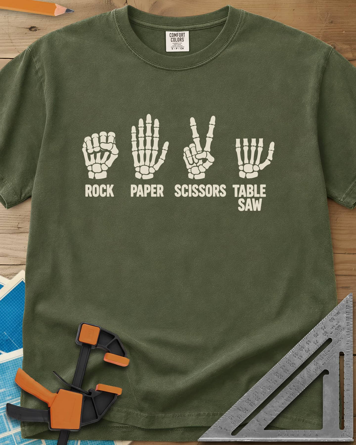 Rock Paper Saw heavyweight tee in Hemp, four skeleton hands, the last with its fingers cut short