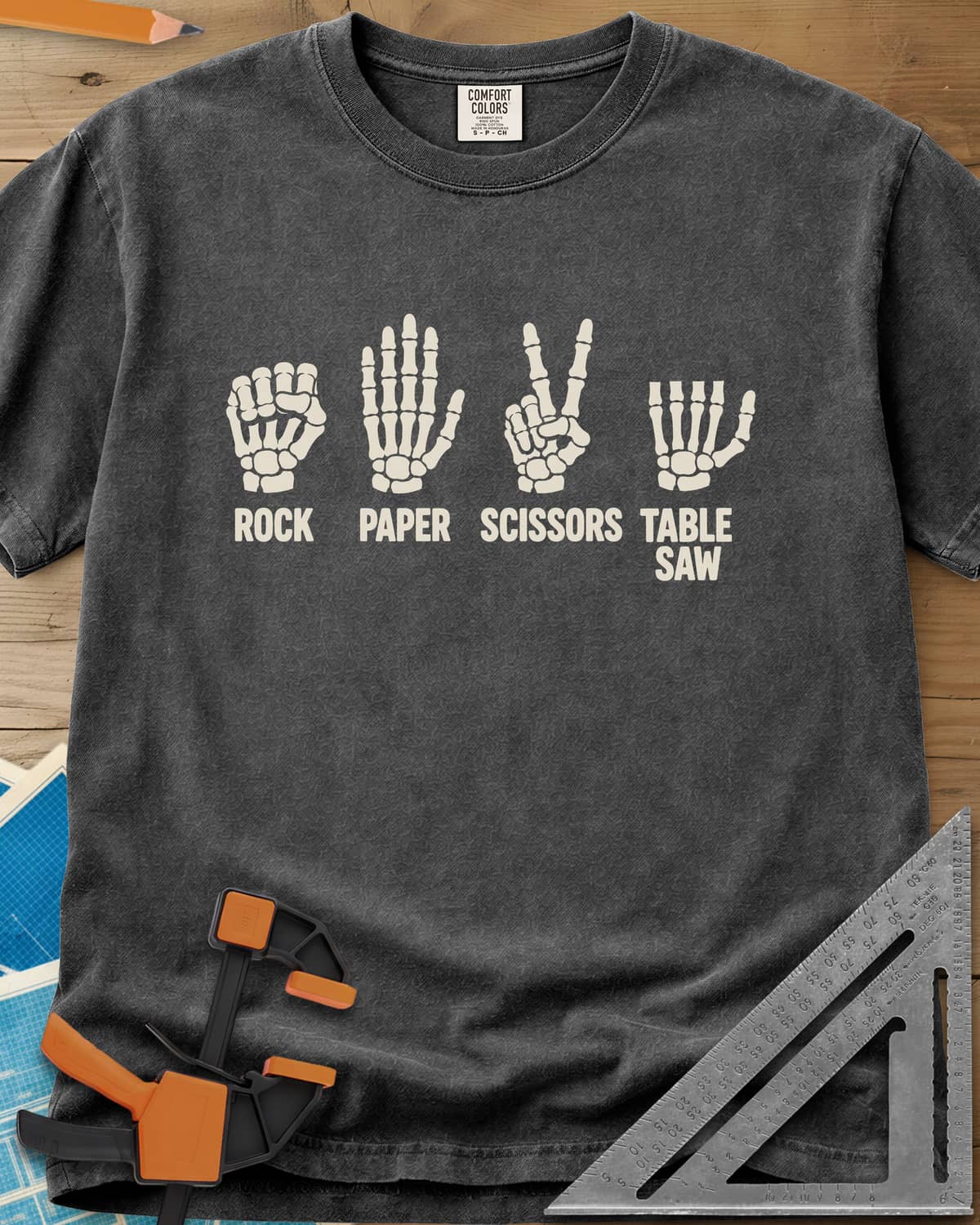 Rock Paper Saw heavyweight tee in Pepper, four skeleton hands, the last with its fingers cut short