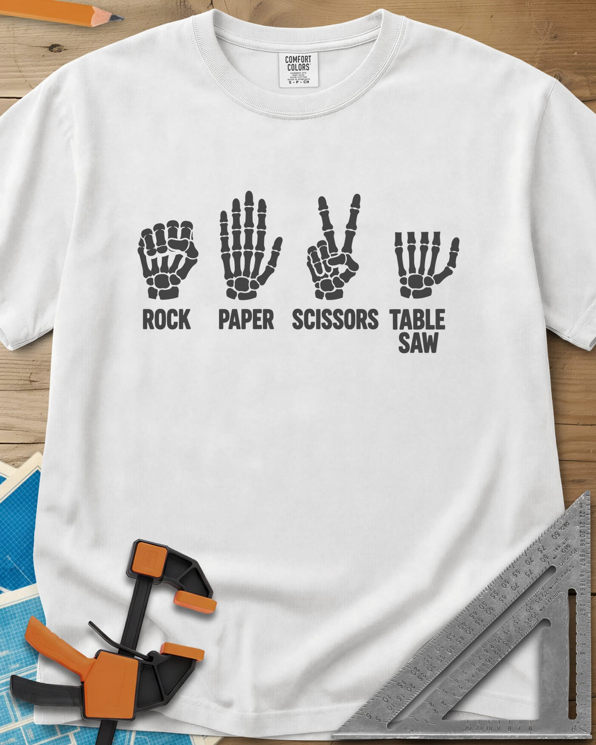 Rock Paper Saw heavyweight tee in White, four skeleton hands, the last with its fingers cut short