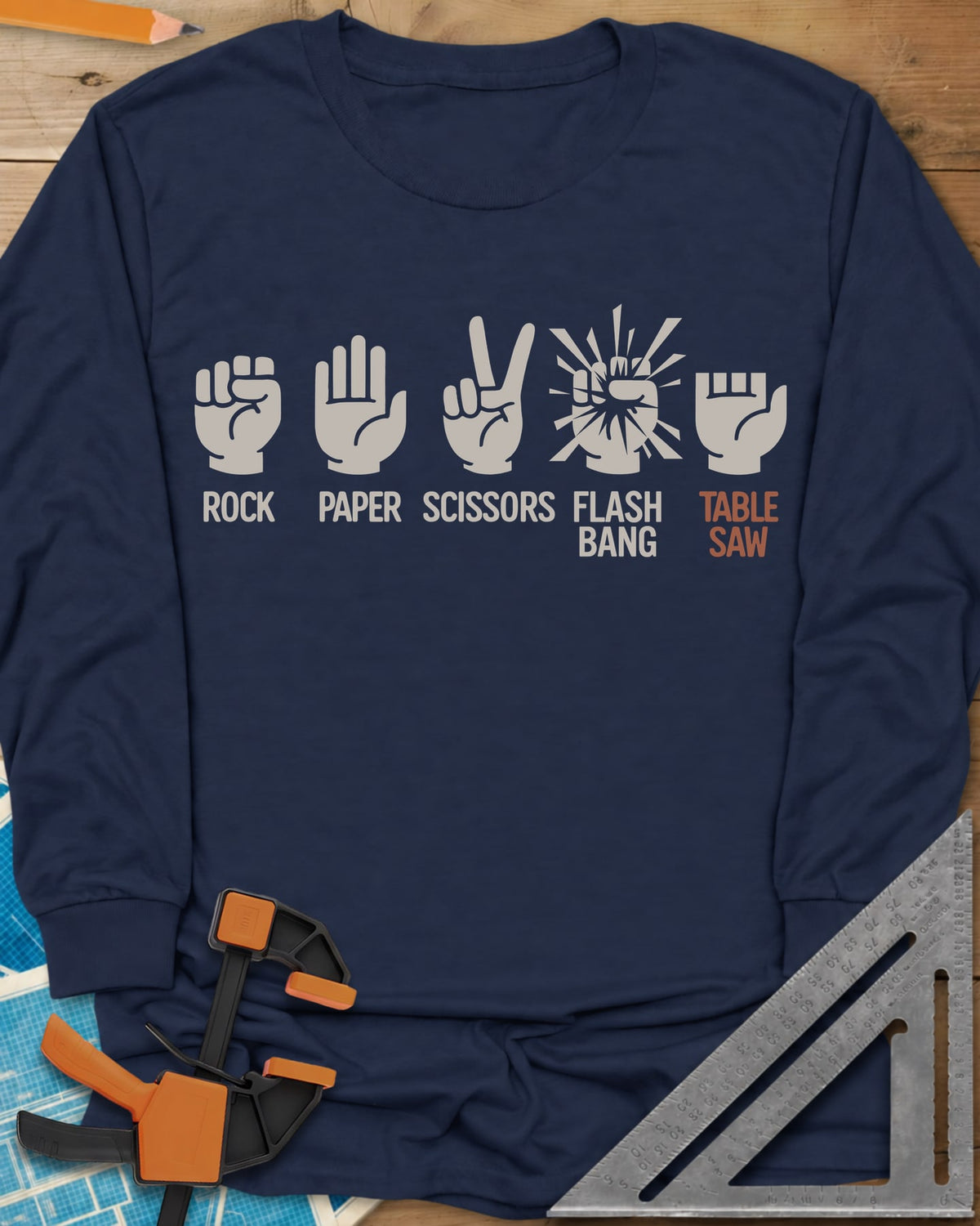 Rock, Paper, Scissors, Flashbang, Table Saw long sleeve shirt in Navy, five hand signs, the last a hand with its fingers cut