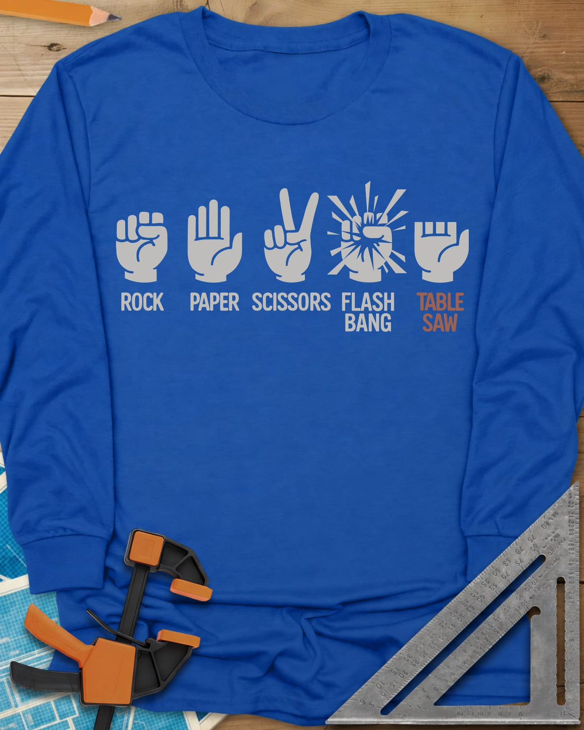 Rock, Paper, Scissors, Flashbang, Table Saw long sleeve shirt in Royal, five hand signs, the last a hand with its fingers