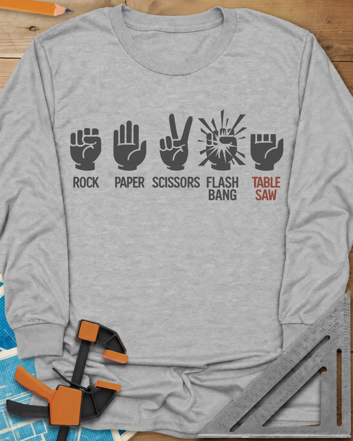 Rock, Paper, Scissors, Flashbang, Table Saw long sleeve shirt in Sport Grey, five hand signs, the last a hand with its
