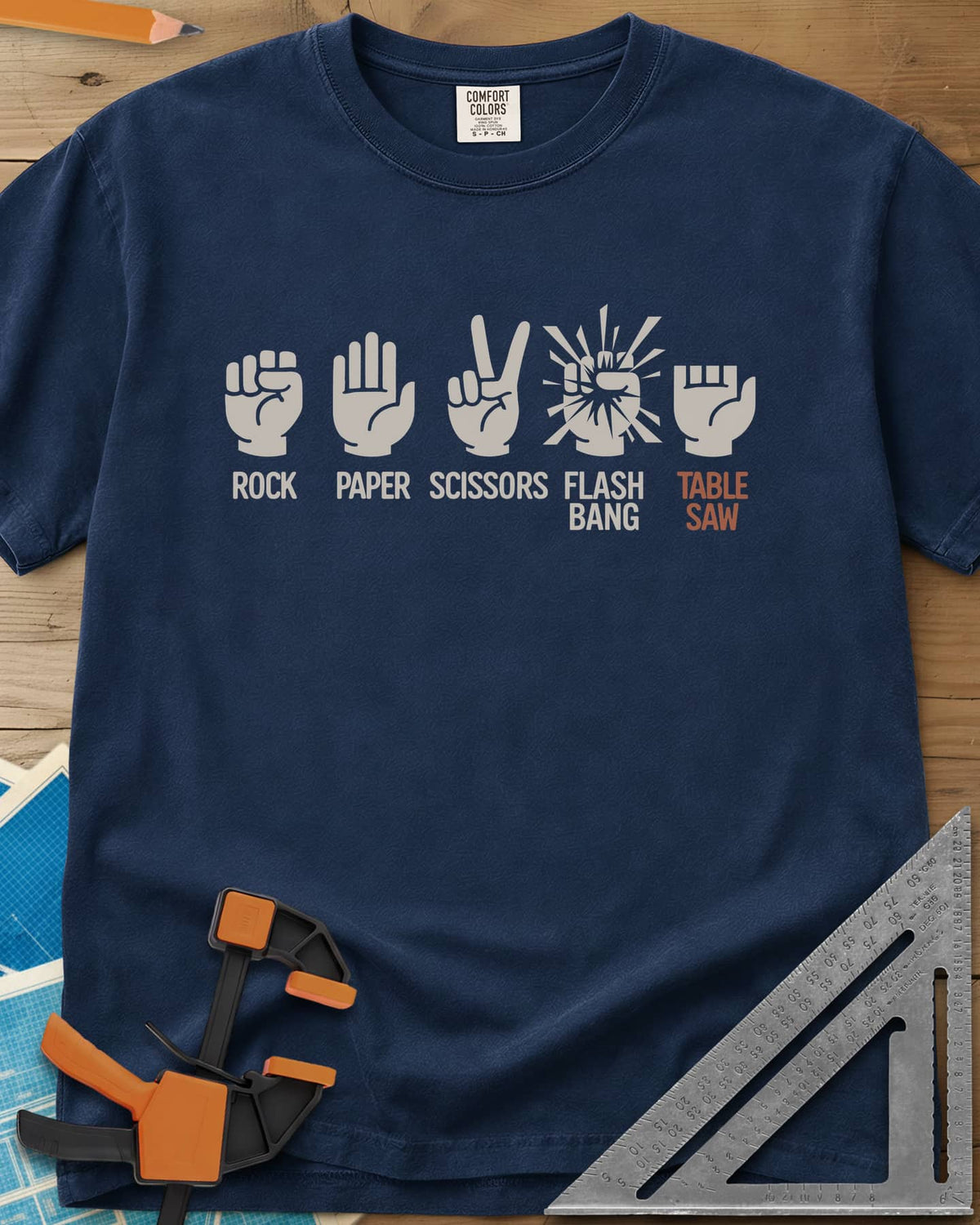 Rock, Paper, Scissors, Flashbang, Table Saw heavyweight tee in Navy, five hand signs, the last a hand with its fingers cut