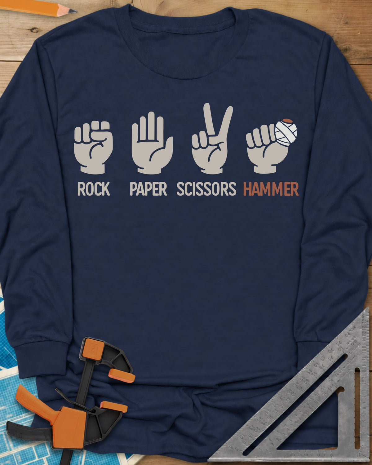 Rock, Paper, Scissors, Hammer long sleeve shirt in Navy, four hand signs, the last a fist with a bandaged thumb