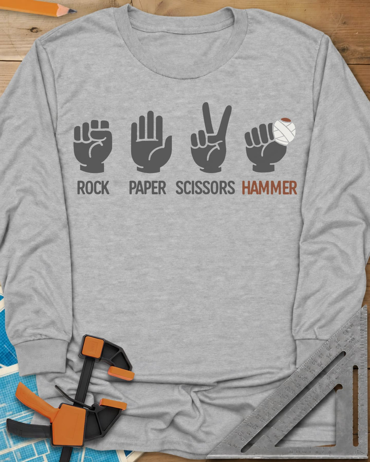 Rock, Paper, Scissors, Hammer long sleeve shirt in Sport Grey, four hand signs, the last a fist with a bandaged thumb