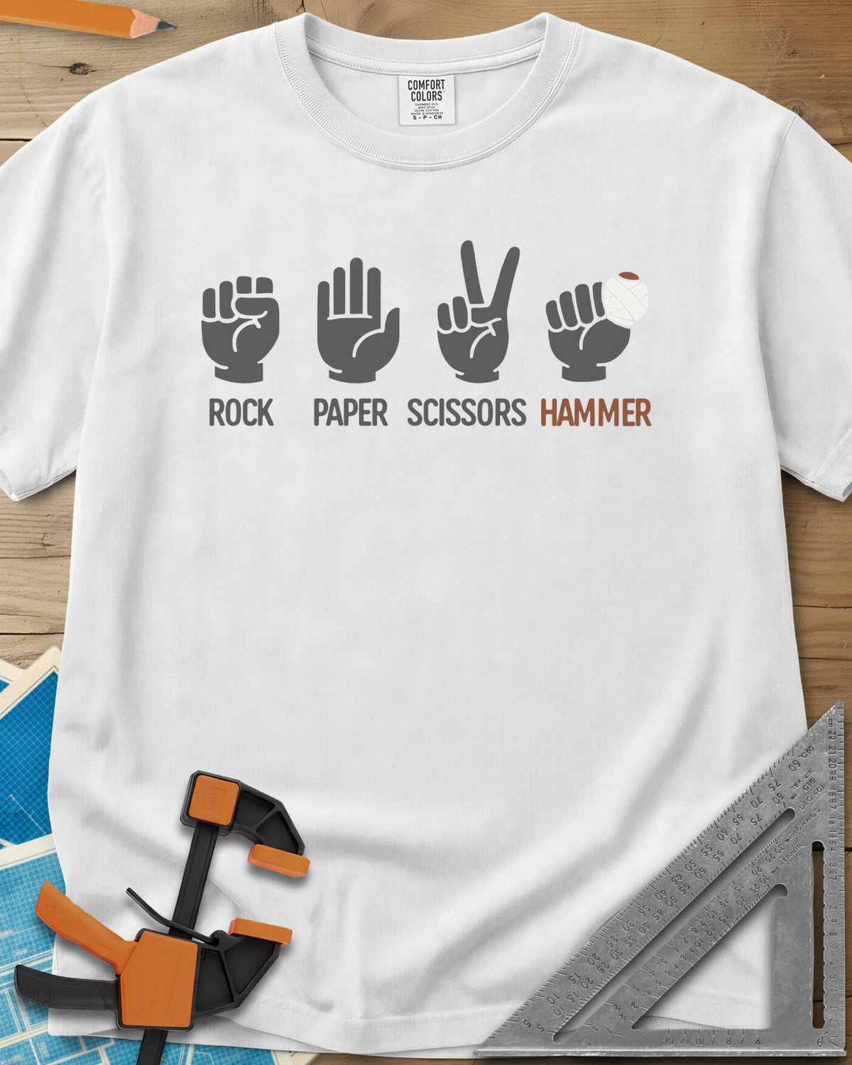 Rock, Paper, Scissors, Hammer heavyweight tee in White, four hand signs, the last a fist with a bandaged thumb