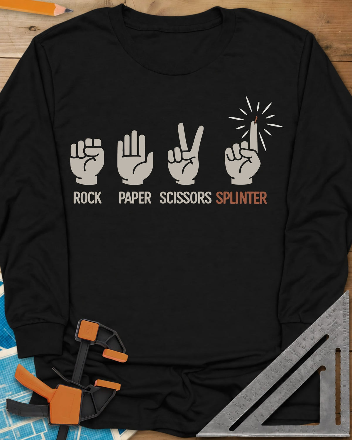 Rock, Paper, Scissors, Splinter long sleeve shirt in Black, rock, paper and scissors hand signs plus a splinter finger