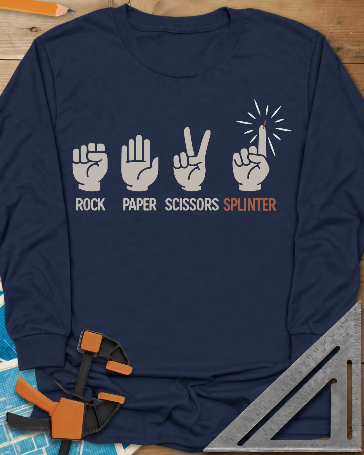 Rock, Paper, Scissors, Splinter long sleeve shirt in Navy, rock, paper and scissors hand signs plus a splinter finger