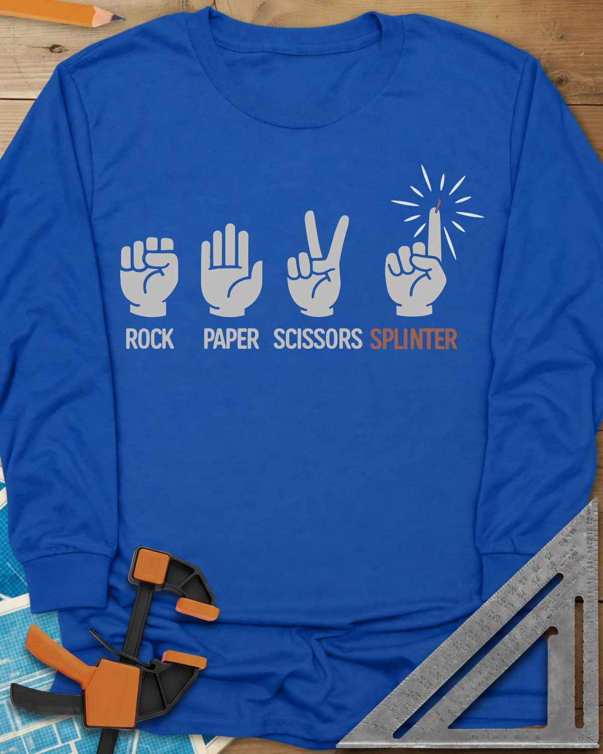 Rock, Paper, Scissors, Splinter long sleeve shirt in Royal, rock, paper and scissors hand signs plus a splinter finger