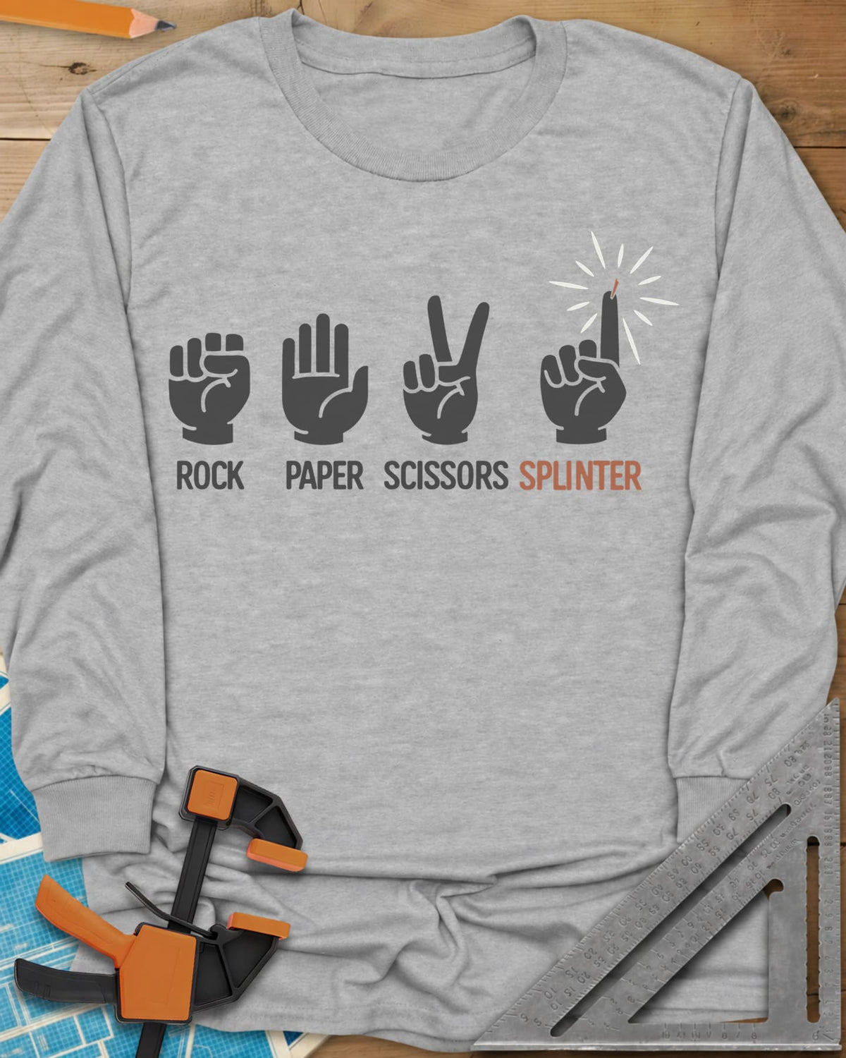 Rock, Paper, Scissors, Splinter long sleeve shirt in Sport Grey, rock, paper and scissors hand signs plus a splinter finger