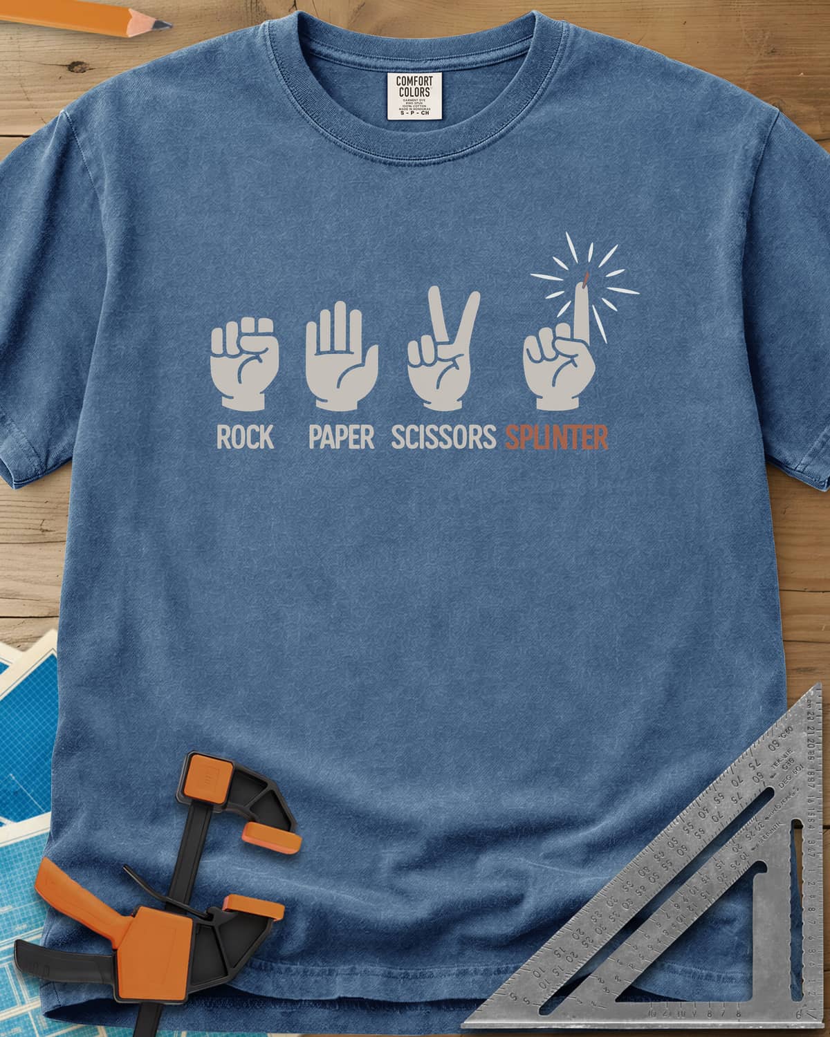 Rock, Paper, Scissors, Splinter heavyweight tee in Blue Jean, rock, paper and scissors hand signs plus a splinter finger